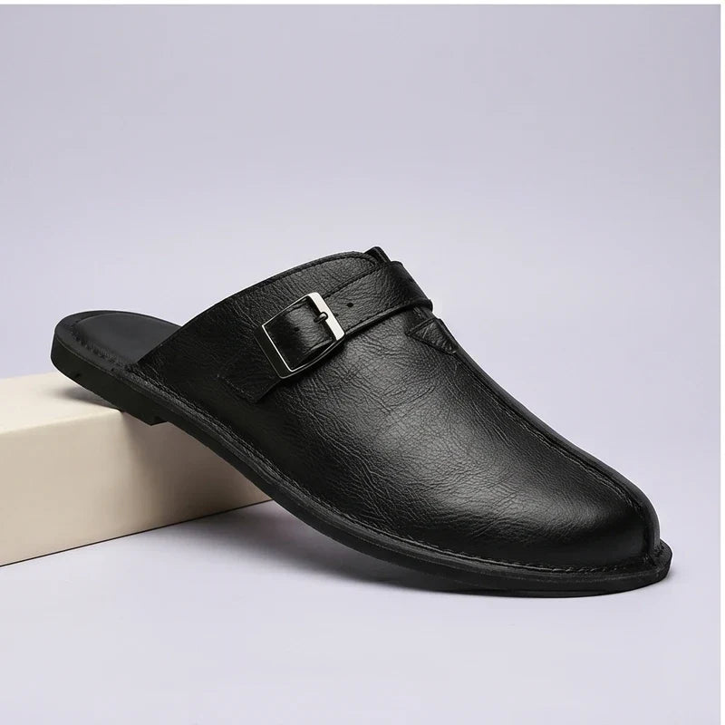 4216Black Plus Size 38-47 Summer Open-back Slides Sandals Mules Half Shoes For Men 2025 Leather Backless Casual Shoes Loafers Slippers product photo - 3