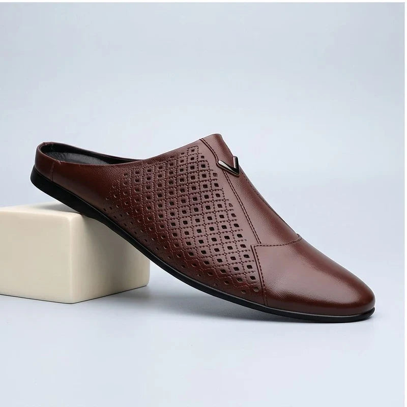 Brown 2 Italian Mens Slippers Genuine Leather Muller Shoes Men Loafers Outdoor Non-slip Black Casual Half Slipper Men Fashion Shoes Man product photo - 3