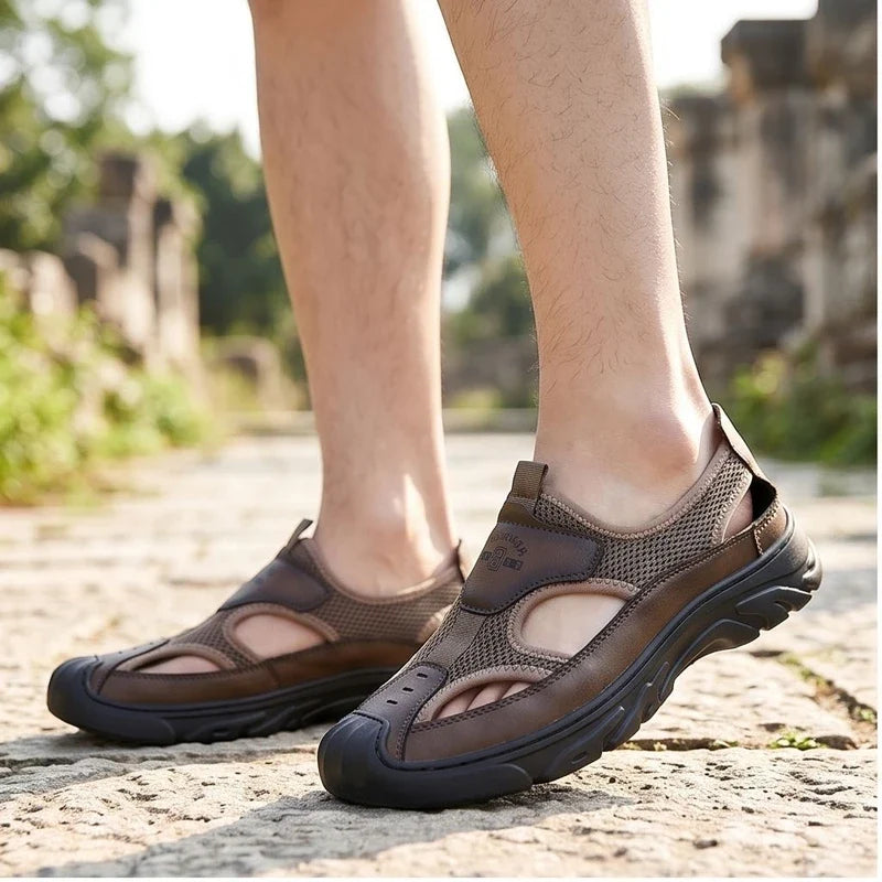 Model wearing Brown Cassian Genuine Leather Sport Sandals outdoors