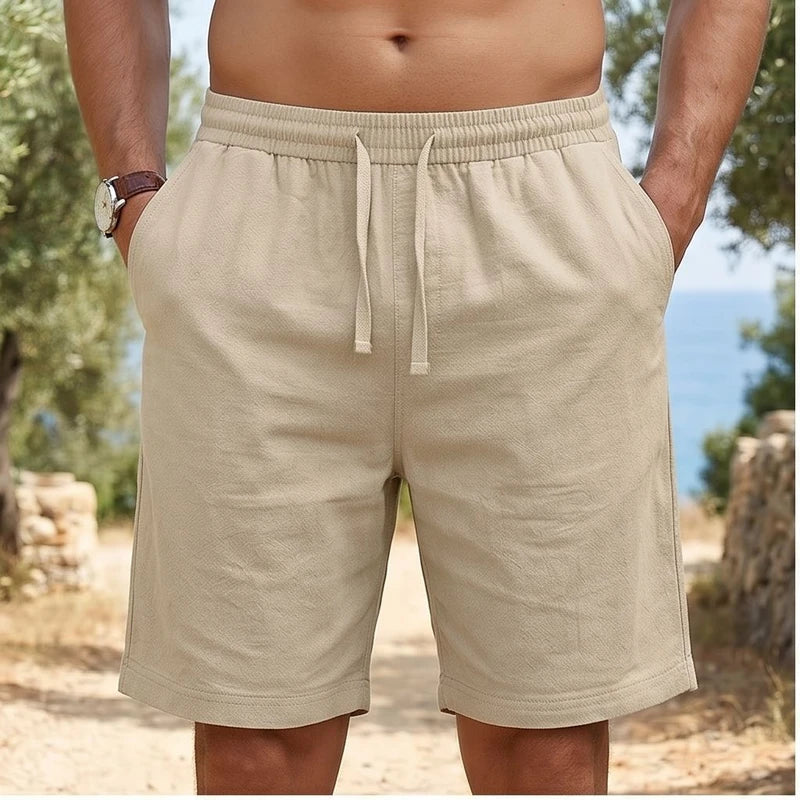 Model wearing Khaki New Solid Linen Short Lightweight Gym Man Casual Pants Oversize Beach Hawaiian Baggy Pants Men Jogging Cotton Large Short Homme outdoors