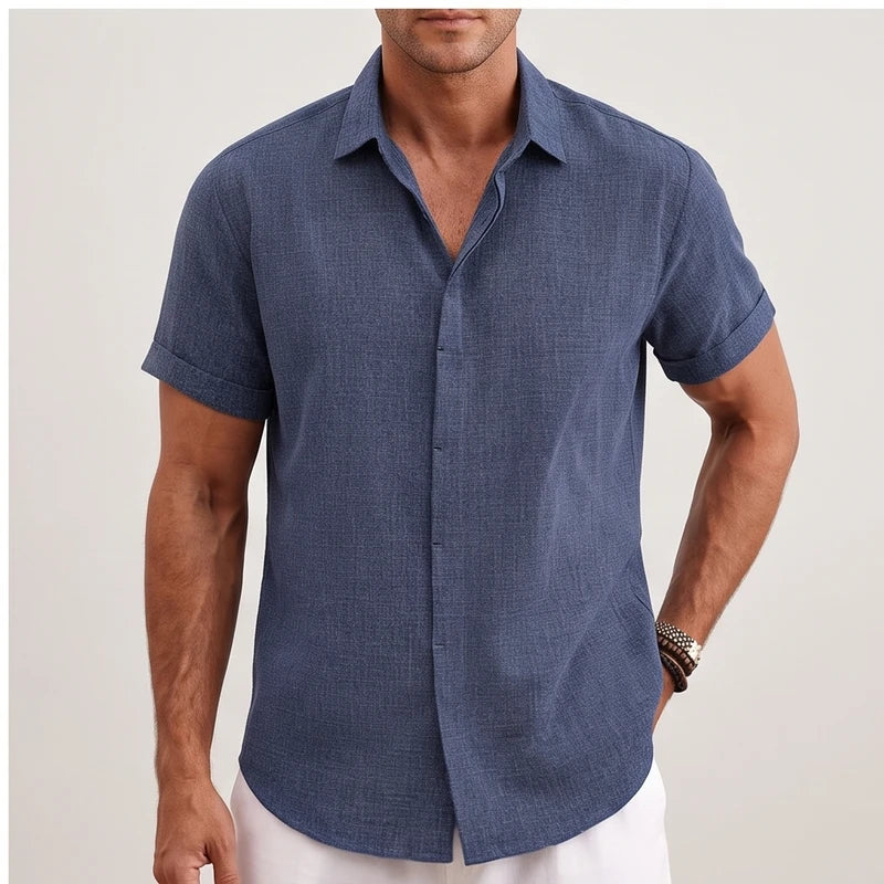 Model wearing Blue linen shirt in a studio - 2