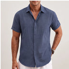 Model wearing Blue linen shirt in a studio - 2