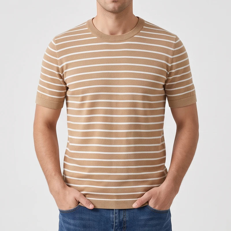 Camel cotton shirt on an off-gray studio background