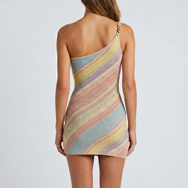 Model wearing 02 Elegant Woman Dress Multi Color Patchwork Diagonal Collar Mini Dress Women Summer Sleeveless Sexy Bodycon Dress Party Vestidos in studio - 2