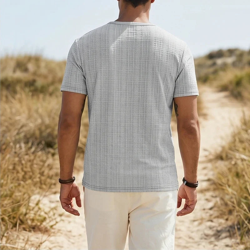Model wearing Gray Soren Cotton V-Neck Pocket Tee outdoors - 2