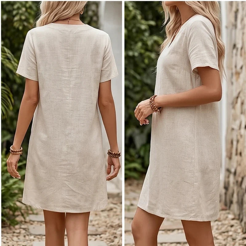 Model wearing Apricot Women's Casual Linen V-neck Dress Cotton Clothes Summer Basic Style Mid-waist Knitted Polyester Fabric 2025 Summer Collection outdoors - 3