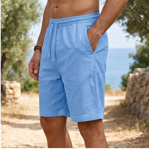 Model wearing Blue New Solid Linen Short Lightweight Gym Man Casual Pants Oversize Beach Hawaiian Baggy Pants Men Jogging Cotton Large Short Homme outdoors - 2