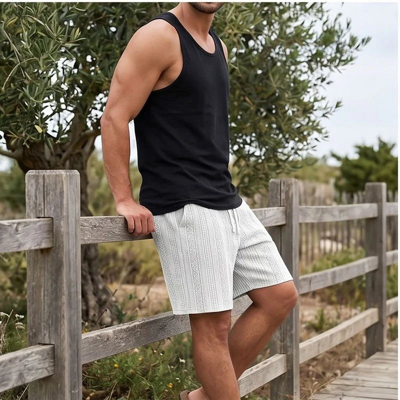 Model wearing White 2026 New Men's Daily Jacquard Textured Fashion Casual Shorts outdoors - 2
