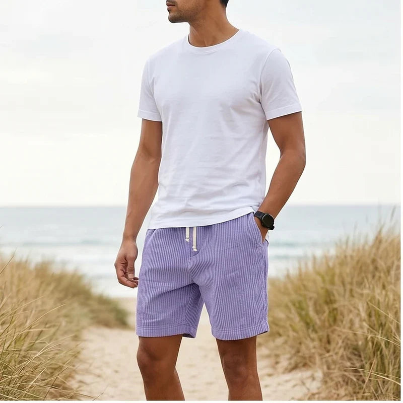 Model wearing image color 2026 Summer Men Corduroy Sweatpants Casual Shorts Men's Beach Shorts Basketball Short Trousers Solid Color Label Sportswear Men outdoors