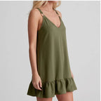 Model wearing AG Women Deep V Sleeveless Tank Dress Ruffle Hem Loose Large Size Dress Holiday Beach Fashionable Comfortable Beach Baggy Sundress in studio - 2