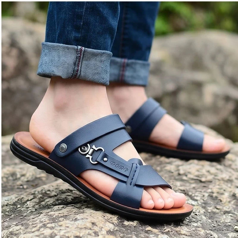 Model wearing Navy Meridian Genuine Leather Slip-On Fisherman Sandals outdoors - 3