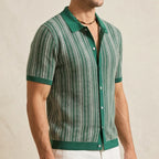 Model wearing Green Calder Striped Button-Up Shirt in studio - 3