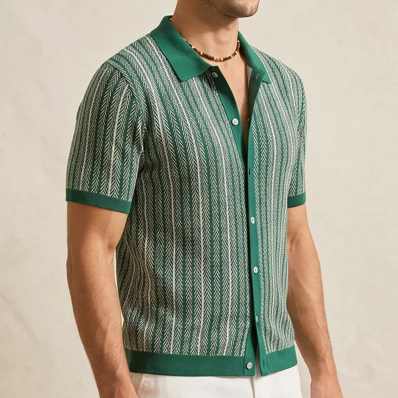 Model wearing Green Calder Striped Button-Up Shirt in studio - 3