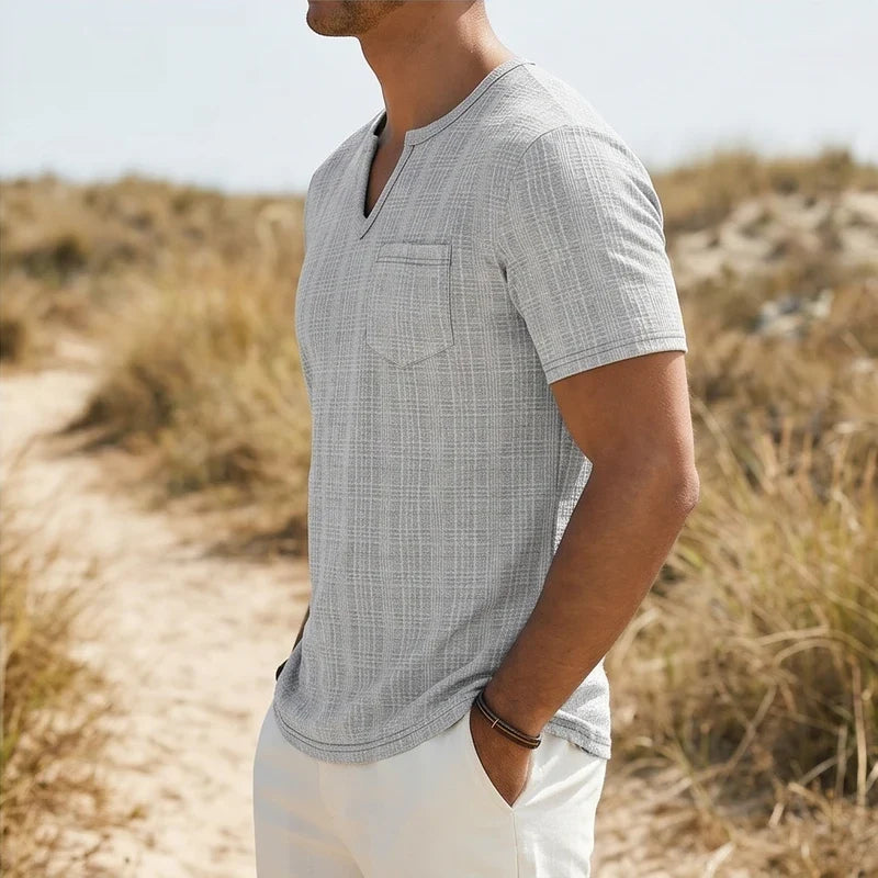 Model wearing Gray Soren Cotton V-Neck Pocket Tee outdoors - 4