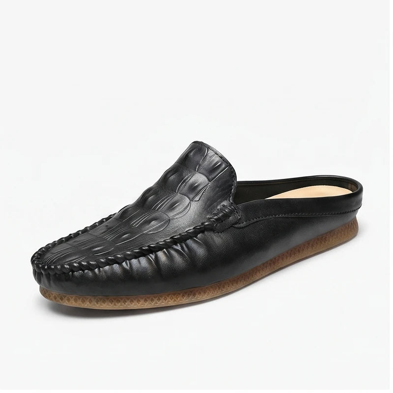 Black leather mules on a white background