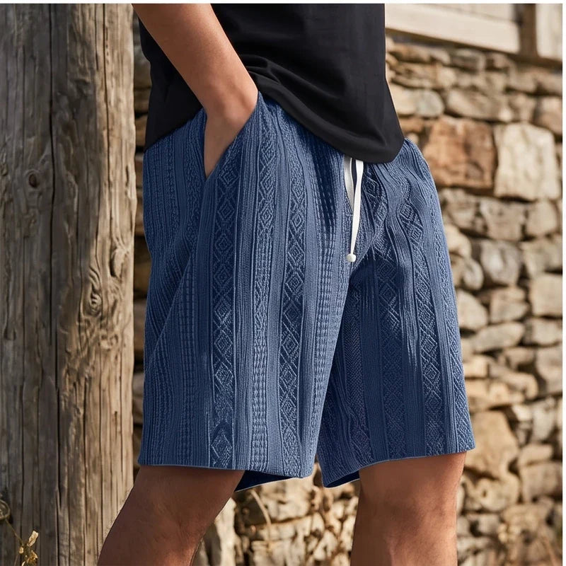 Model wearing Navy 2026 New Men's Daily Jacquard Textured Fashion Casual Shorts outdoors - 2