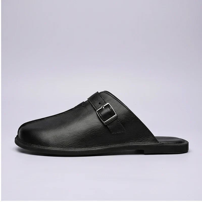 4216Black Plus Size 38-47 Summer Open-back Slides Sandals Mules Half Shoes For Men 2025 Leather Backless Casual Shoes Loafers Slippers product photo - 2