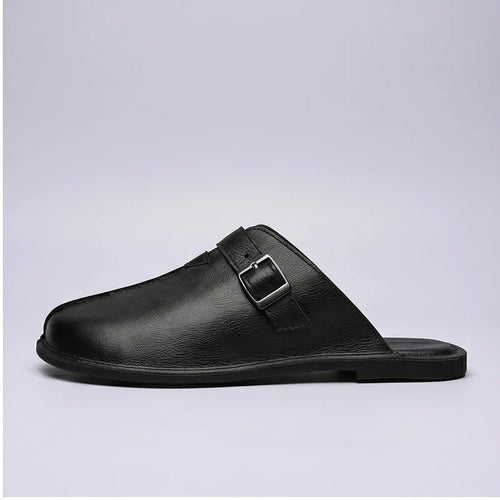 4216Black Plus Size 38-47 Summer Open-back Slides Sandals Mules Half Shoes For Men 2025 Leather Backless Casual Shoes Loafers Slippers product photo - 2