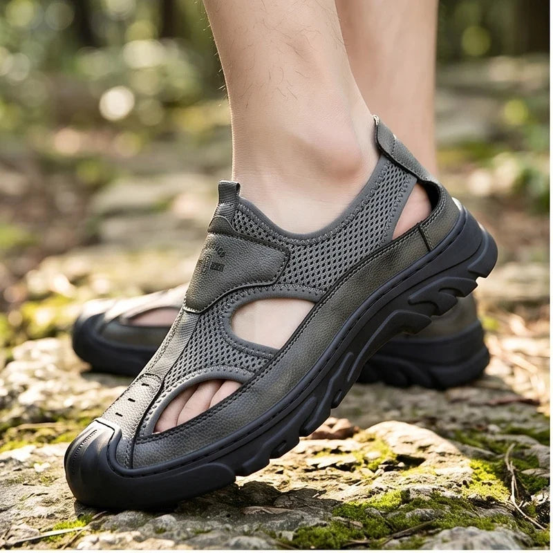 Model wearing Gray Cassian Genuine Leather Sport Sandals outdoors