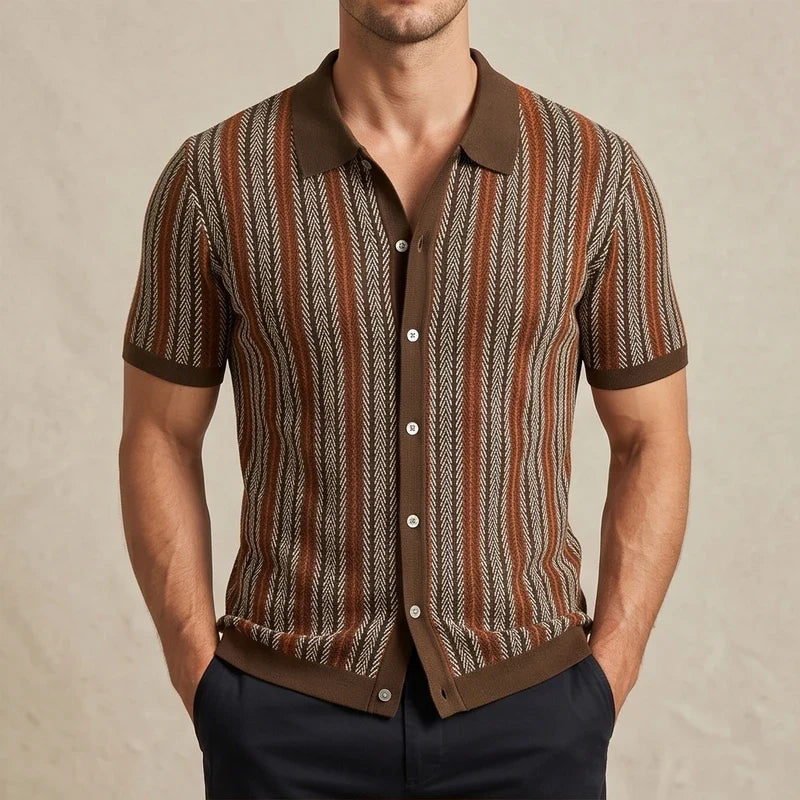 Model wearing Brown Calder Striped Button-Up Shirt in studio
