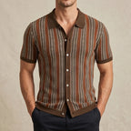 Model wearing Brown Calder Striped Button-Up Shirt in studio