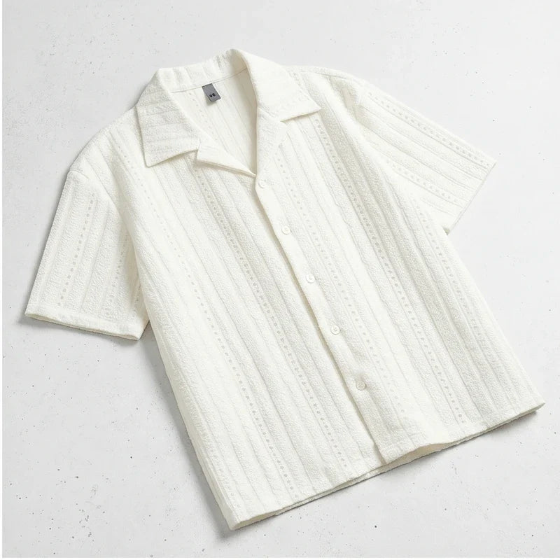 White Winslow Textured Cuban Collar Shirt flat lay product photo