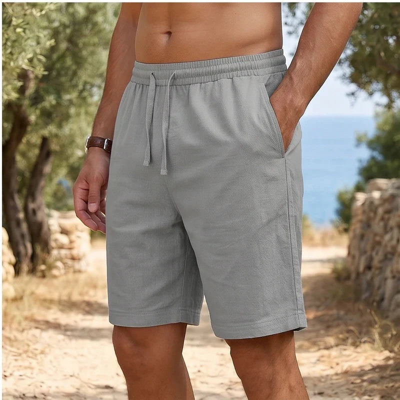 Model wearing Gray New Solid Linen Short Lightweight Gym Man Casual Pants Oversize Beach Hawaiian Baggy Pants Men Jogging Cotton Large Short Homme outdoors - 2