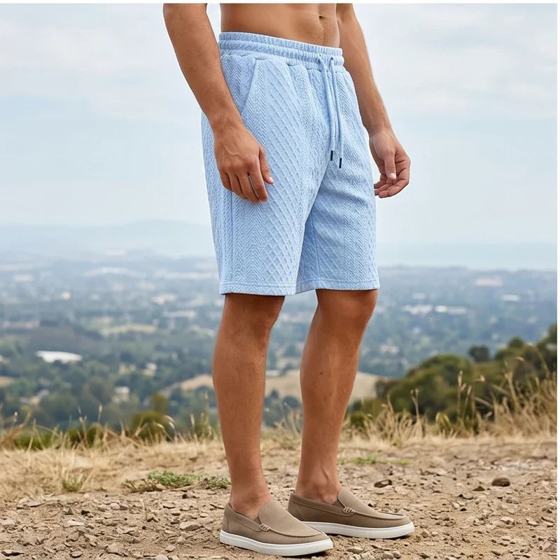 Model wearing Light Blue 2026 Summer Jacquard Texture Sports Shorts, Trendy Casual Five-point Pants For Men outdoors - 3