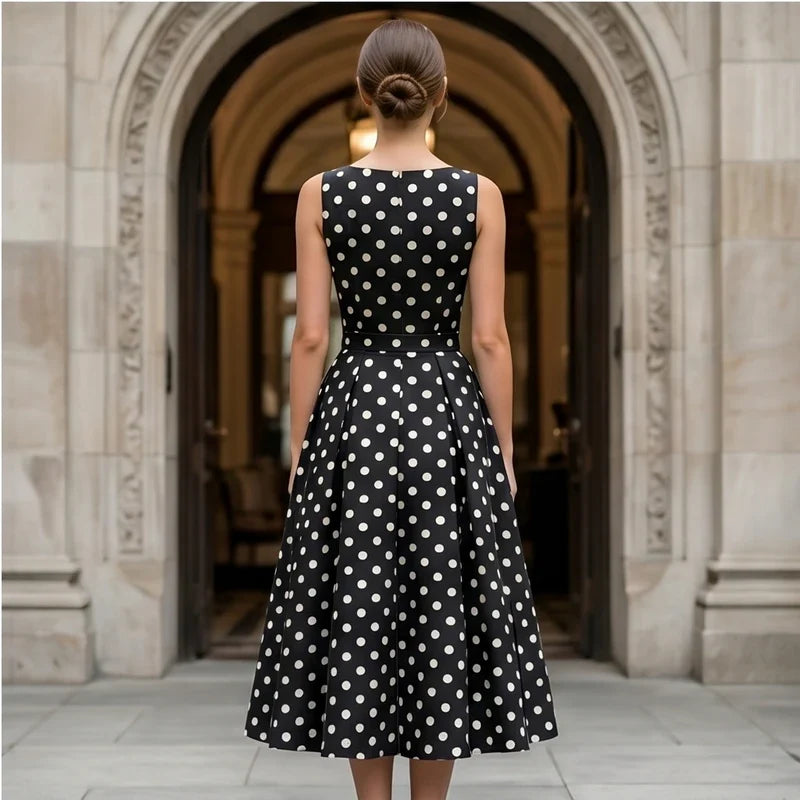 Model wearing Black Elegant Black A-Line Dress with Classic White Polka Dot Print Vintage Sleeveless Midi Dress for Formal Casual Occasions Dresses outdoors - 4