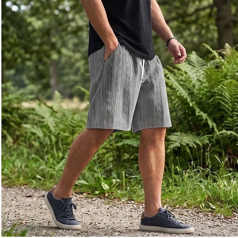 Model wearing Gray 2026 New Men's Daily Jacquard Textured Fashion Casual Shorts outdoors - 2