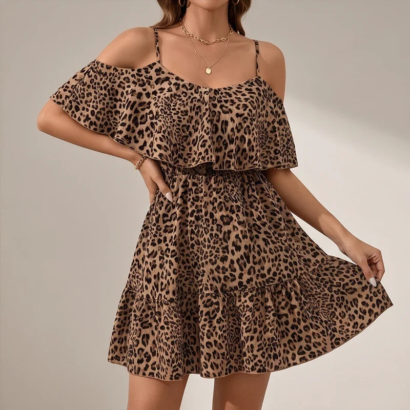 Model wearing Brown Darcy Cold-Shoulder Leopard Dress in studio - 4
