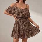 Model wearing Brown Darcy Cold-Shoulder Leopard Dress in studio - 4