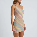 Model wearing 02 Elegant Woman Dress Multi Color Patchwork Diagonal Collar Mini Dress Women Summer Sleeveless Sexy Bodycon Dress Party Vestidos in studio - 3