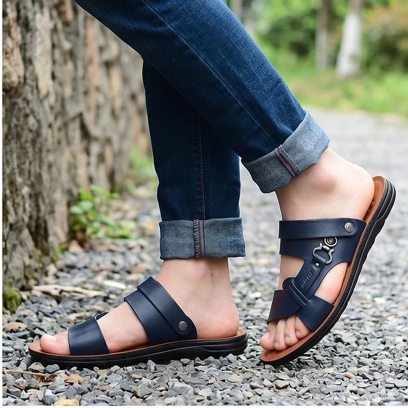 Model wearing Navy Meridian Genuine Leather Slip-On Fisherman Sandals outdoors - 2