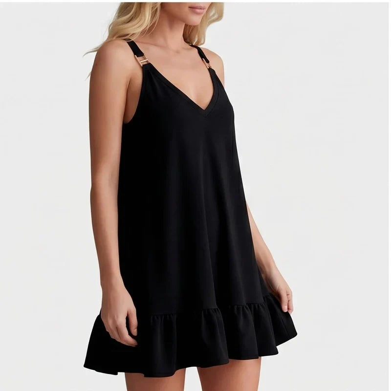 Model wearing Black Women Deep V Sleeveless Tank Dress Ruffle Hem Loose Large Size Dress Holiday Beach Fashionable Comfortable Beach Baggy Sundress in studio - 2