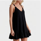 Model wearing Black Women Deep V Sleeveless Tank Dress Ruffle Hem Loose Large Size Dress Holiday Beach Fashionable Comfortable Beach Baggy Sundress in studio - 2