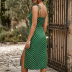 Model wearing Green Cortez Polka Dot Midi Dress outdoors - 3