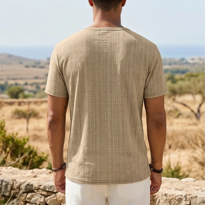 Model wearing Khaki Soren Cotton V-Neck Pocket Tee outdoors - 3
