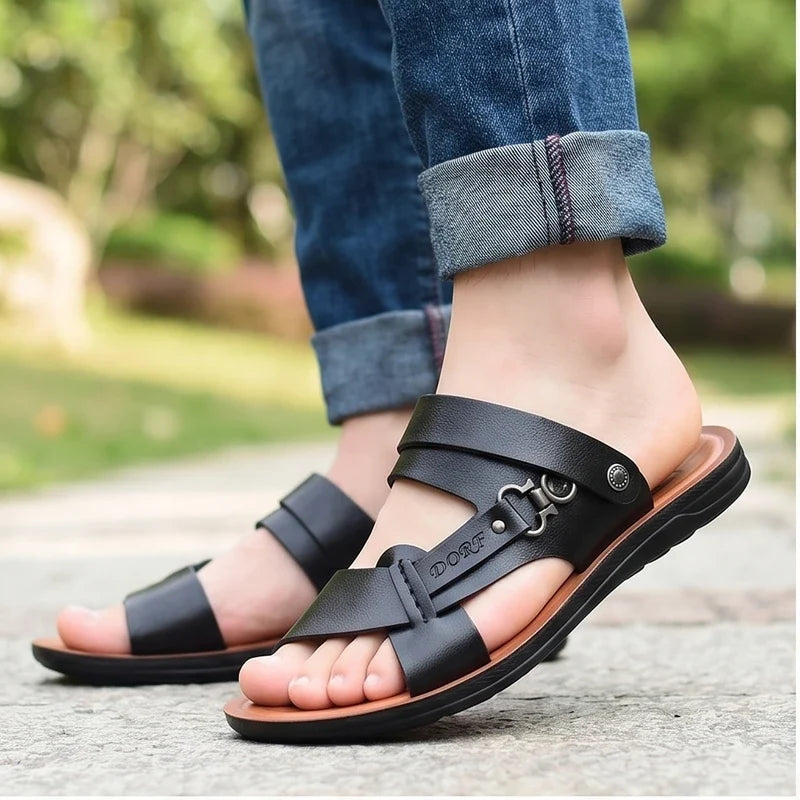 Model wearing Black Meridian Genuine Leather Slip-On Fisherman Sandals outdoors