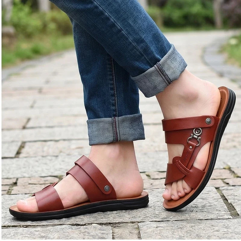 Model wearing Brown Meridian Genuine Leather Slip-On Fisherman Sandals outdoors - 2