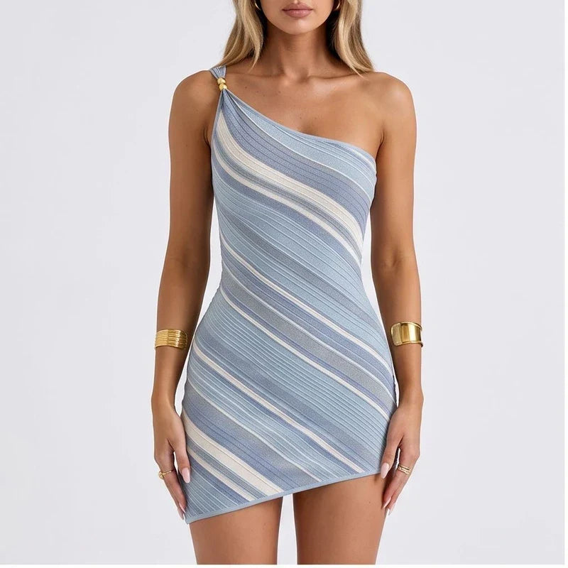Model wearing Blue Elegant Woman Dress Multi Color Patchwork Diagonal Collar Mini Dress Women Summer Sleeveless Sexy Bodycon Dress Party Vestidos in studio