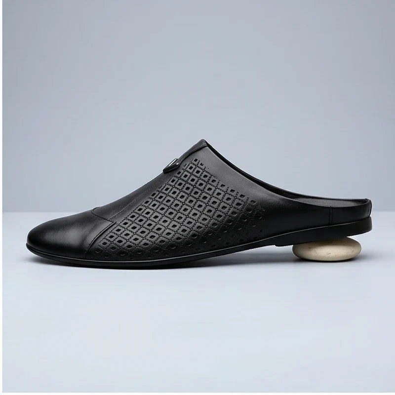 Black 2 Italian Mens Slippers Genuine Leather Muller Shoes Men Loafers Outdoor Non-slip Black Casual Half Slipper Men Fashion Shoes Man product photo - 2