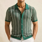 Model wearing Green Calder Striped Button-Up Shirt in studio
