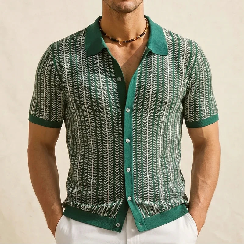 Model wearing Green Calder Striped Button-Up Shirt in studio
