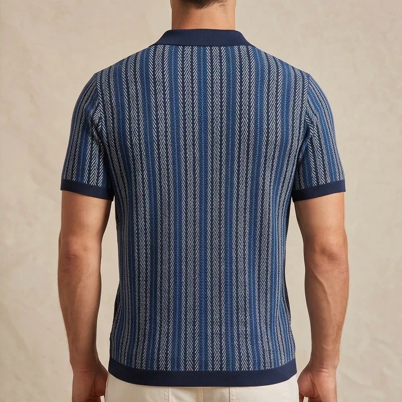 Model wearing Blue Calder Striped Button-Up Shirt in studio - 2