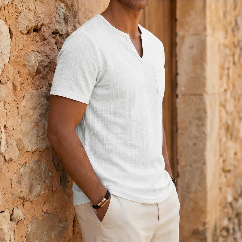 Model wearing White Soren Cotton V-Neck Pocket Tee outdoors - 3