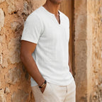 Model wearing White Soren Cotton V-Neck Pocket Tee outdoors - 3