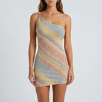 Model wearing 02 Elegant Woman Dress Multi Color Patchwork Diagonal Collar Mini Dress Women Summer Sleeveless Sexy Bodycon Dress Party Vestidos in studio