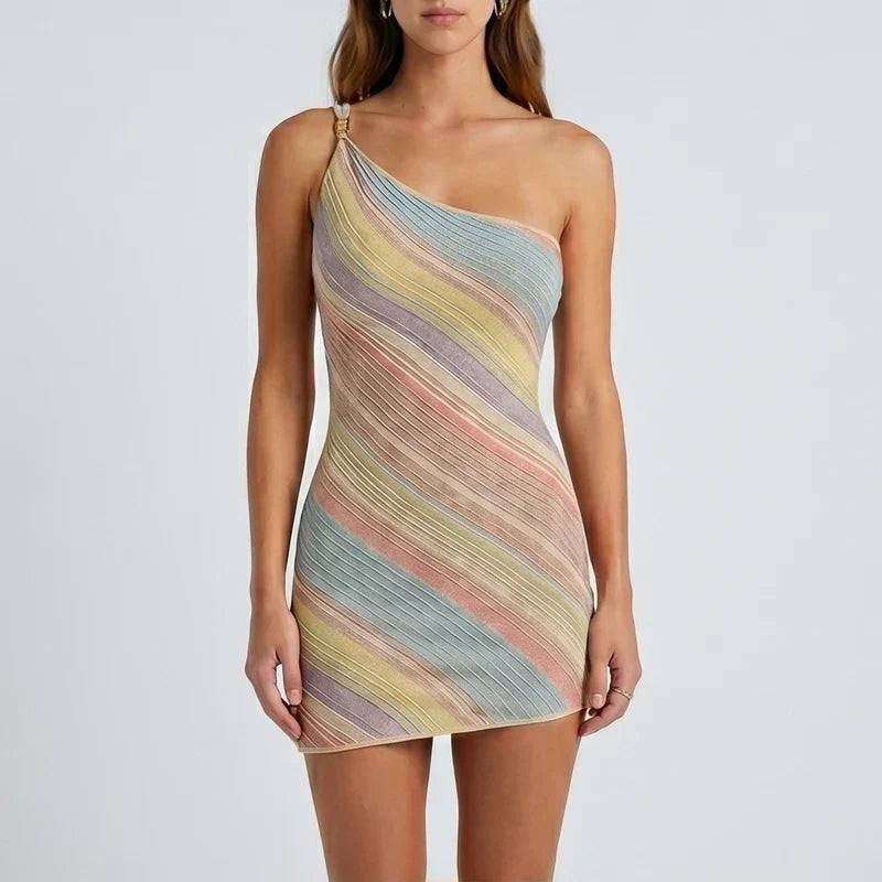 Model wearing 02 Elegant Woman Dress Multi Color Patchwork Diagonal Collar Mini Dress Women Summer Sleeveless Sexy Bodycon Dress Party Vestidos in studio