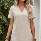 Model wearing Apricot Women's Casual Linen V-neck Dress Cotton Clothes Summer Basic Style Mid-waist Knitted Polyester Fabric 2025 Summer Collection outdoors